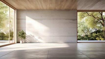 Modern contemporary empty hall with nature view 3d render overlooking the living room behind the room has concrete floors, plank ceilings and blank white walls for copy space, sunlight enter the room. - obrazy, fototapety, plakaty