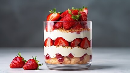 Strawberry trifle dessert with custard, cake crumb and fresh strawberry in glass on marble. Recipe...