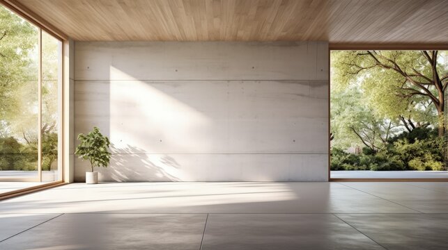 Fototapeta Modern contemporary empty hall with nature view 3d render overlooking the living room behind the room has concrete floors, plank ceilings and blank white walls for copy space, sunlight enter the room.