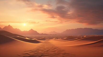 Desert sand dunes road at sunset - obrazy, fototapety, plakaty