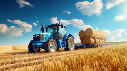 Fototapeta premium huge tractor collecting haystack in the field in a nice blue sunny day