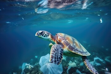 Fototapeta premium turtle swimming in water invaded by plastic