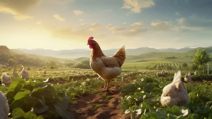 Deurstickers Biological chicken in agriculture landscape © HN Works