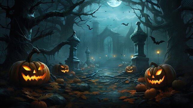 Beautiful painted concept of a Magical Halloween Scene with Jack o Lanterns (carved and lit pumpkins), Haunted Houses, Mist, Bats and the Moon