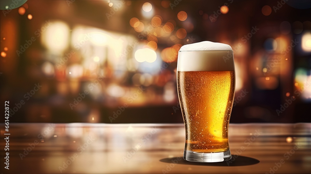 Aufkleber glass of chilled beer on table and blurred sparkling bar background.