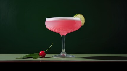 Pink lady alcoholic cocktail drink with gin, grenadine syrup, lemon juice and egg white, dark green background, bright hard light and shadow pattern - obrazy, fototapety, plakaty