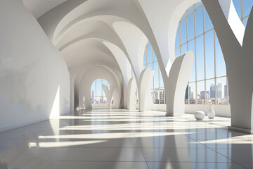 Modern art gallery with polished floors, gallery lighting, and pristine white walls, Generative AI