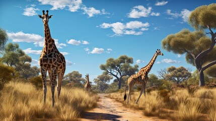 Tall giraffes in the savannah in South Africa. Wildlife conservation is important for all animals living in the wild. Animals walking around a woodland in a safari against a clear, blue sky - obrazy, fototapety, plakaty