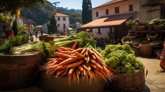 Fototapeta Fresh carrots on outdoor market with seasonal local vegetables and fruits in small Portuguese village near Sintra