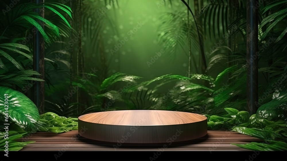 Aufkleber wood pedestal in tropical forest for product presentation and green wall.3d rendering