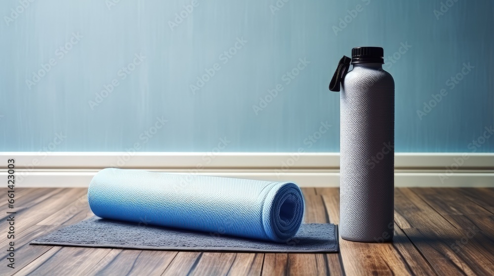 Sticker rolled blue yoga mat and white metal water bottle flask grey wooden surface dumbbell rubber resistan