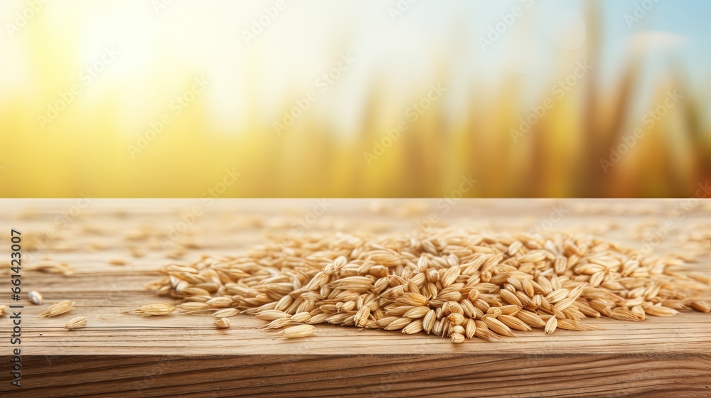 Poster wooden table top on blur rice field background in daytime.harvest rice or whole wheat.for montage pr