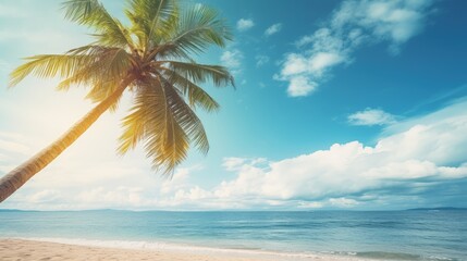Palm tree on tropical beach with blue sky and white clouds abstract background. Copy space of summer vacation and business travel concept. Vintage tone filter effect color style.