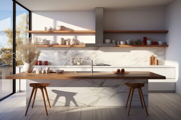 Sleek and minimalist kitchen with high-gloss cabinets and a marble countertop, Generative AI