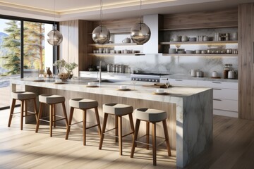 Sleek and minimalist kitchen with high-gloss cabinets and a marble countertop, Generative AI