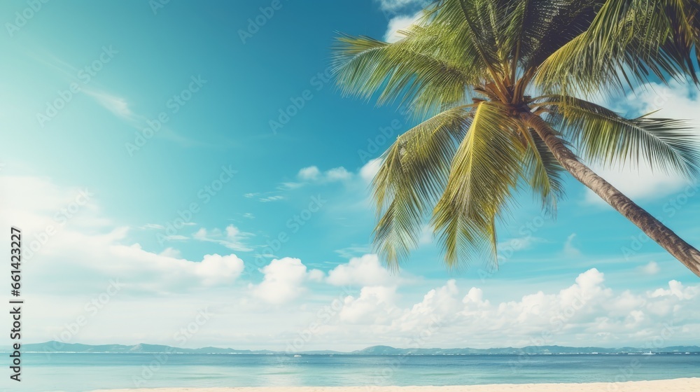 Aufkleber palm tree on tropical beach with blue sky and white clouds abstract background. copy space of summer