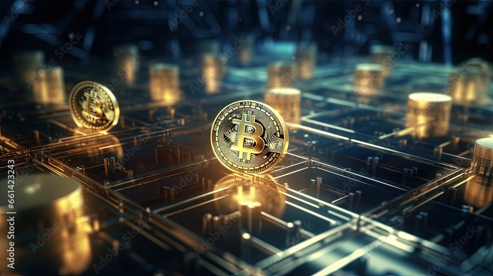 Poster bitcoin digital blocks security connections. futuristic digital money and technology worldwide netwo