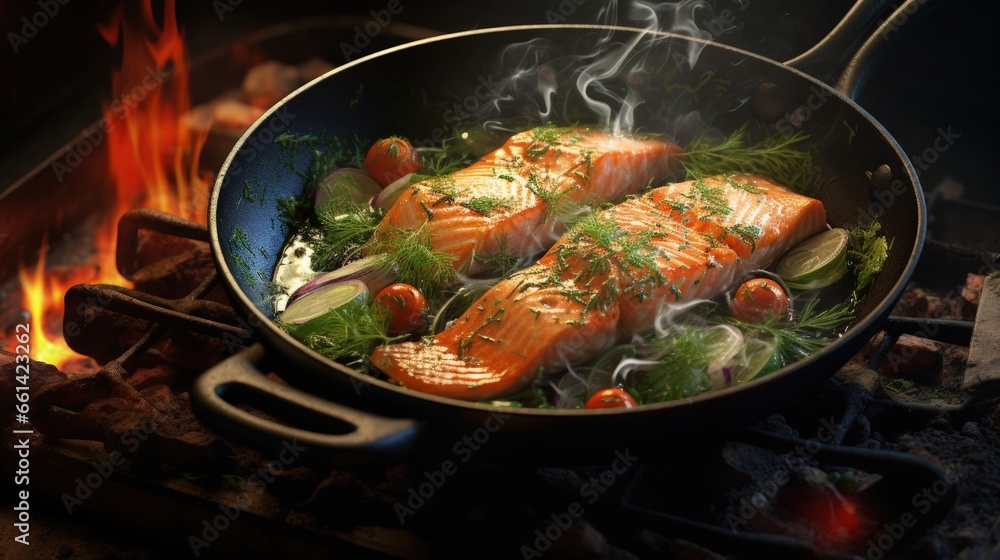 Sticker Salmon fillets and herb decoration in an old frying pan.