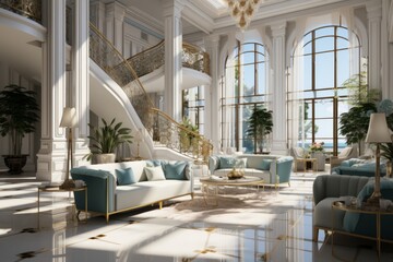  Upscale hotel lobby with a grand staircase, glossy marble floors, and elegant seating areas, Generative AI - obrazy, fototapety, plakaty