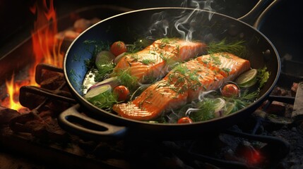 Salmon fillets and herb decoration in an old frying pan.