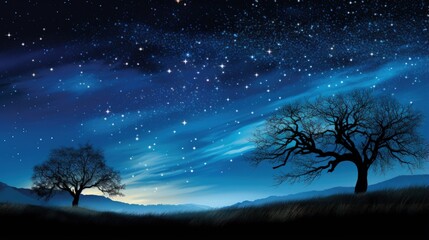 Illustration of the starry night sky above dark tree silhouettes