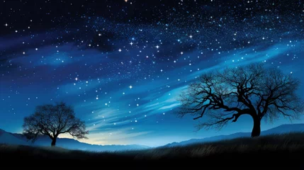 Fototapeten Illustration of the starry night sky above dark tree silhouettes © HN Works