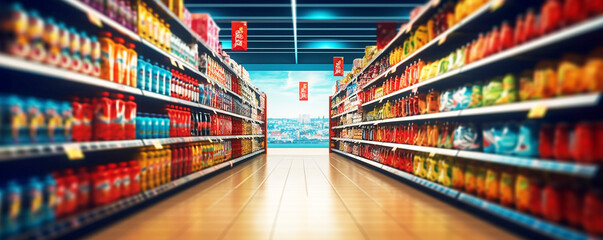 upermarket aisle and shelves ,Grocery Shopping Experience ,
 Retail Store Selection,Aisle and Shelves Packed with Products , 
Consumer Convenience, shopping mall interior for background  - obrazy, fototapety, plakaty