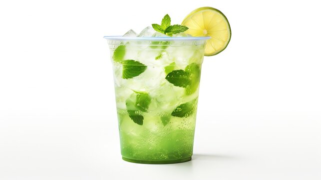 lime mint lemonade in plastic cup and high res. image and isolated in white