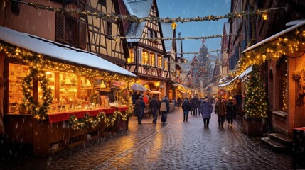 Colmar, Alsace. Marche de Noel is famous alsacian Christmas Market with gingerbread houses and local craftsmen, beautiful Europe. - obrazy, fototapety, plakaty