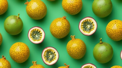 Colorful fruit pattern of fresh passion fruits on green pastel background, top view