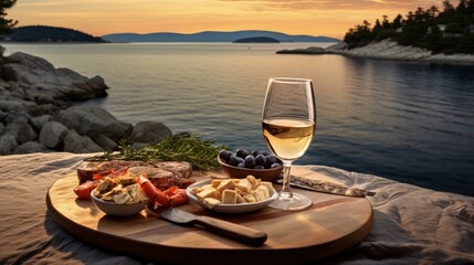 Luxury seafood board and a glass of wine with amazing sea view of Kvarner bay and Lošinj archipelago of Croatia islands © HN Works