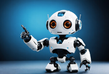mini robot pointing fingers at copy space on blue background. Generative AI