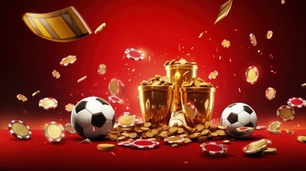 Sports betting, red web banner with offer, champion cups, sport balls and falling gold coins in red scene