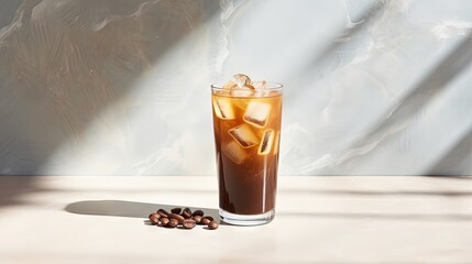Iced coffee in a glass with cream, ice cubes and grains on a light marble background with morning shadows. The concept of a cold summer drink. Copy space.
