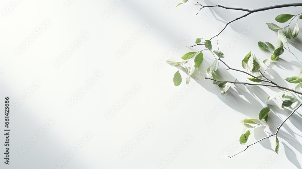 Poster light background with harsh shadows of tree branch. aesthetic white background with empty place. sum