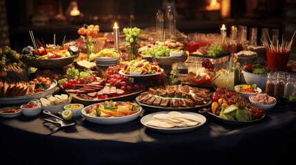 Banquet table with snacks, food on plates, festive table, corporate food
