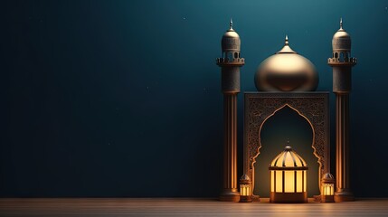 Islamic ramadan kareem display podium background with 3d rendering of arabian lantern and crescent moon. Ramadhan mubarak, isra miraj and eid al fitr concept.