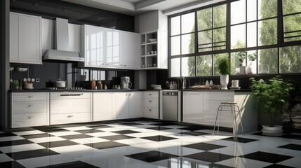 A modern kitchen with white and black fronts and a large corner window, vinyl panels on the floor.