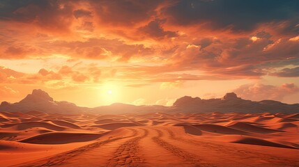 Desert sand dunes road at sunset - obrazy, fototapety, plakaty