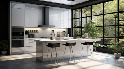 A modern kitchen with white and black fronts and a large corner window, vinyl panels on the floor.