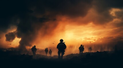 Silhouettes of two army soldiers, U.S. Marines team in action, surrounded fire and smoke, shooting with assault rifle and machine gun, attacking enemy with suppressive gunfire during offensive mission