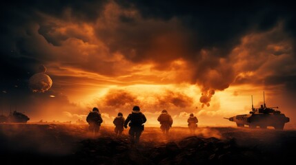 Obraz na płótnie Canvas Silhouettes of two army soldiers, U.S. Marines team in action, surrounded fire and smoke, shooting with assault rifle and machine gun, attacking enemy with suppressive gunfire during offensive mission