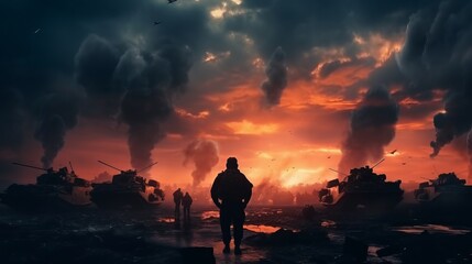 Silhouettes of two army soldiers, U.S. Marines team in action, surrounded fire and smoke, shooting with assault rifle and machine gun, attacking enemy with suppressive gunfire during offensive mission - obrazy, fototapety, plakaty