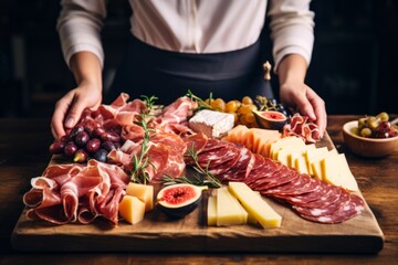 Womans hands holding wine and charcuterie board on black background. Italian antipasti or Spanish tapas - obrazy, fototapety, plakaty