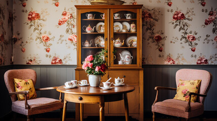 A cozy tea room with floral wallpaper and vintage furniture. generative ai
