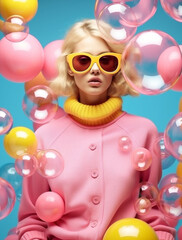 Obraz na płótnie Canvas Color fashion bubbles hipster studio model glasses hat trendy balloon glamour party pink