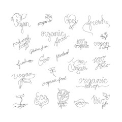 Eco icon set, vegan organic natural food emblem logo design, bio, continuous line drawing, neon, banner, poster, flyers, marketing, one single line on white background, isolated vector illustration.