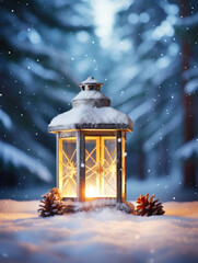 Old christmas candle lantern in snowfall against blurred forest background. Selective focus and shallow depth of field.