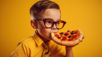 little boy eating pizza against yellow background 