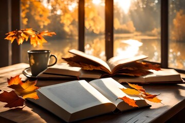 Autumn scene An open book on a table, Good morning in the background